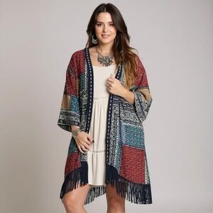 Umgee Open Fringe Hem Cardigan Kimono Patchwork Mix Print  S/M Red Blue Yellow